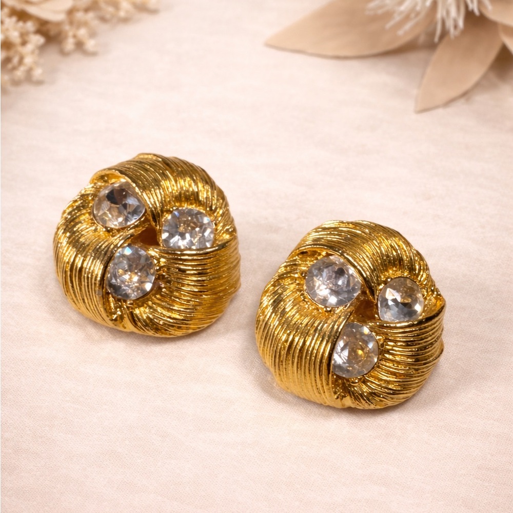 Vintage Gold Tone Rhinestone Knot Clip On Earrings Chunky 1980s Statement